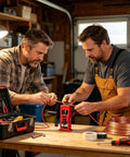 Two electricians using a Heavy Duty Manual Double Drive Wire Stripper Machine in a workshop for efficient wire processing.