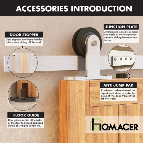 Components of Brushed Nickel Non Bypass Sliding Barn Door Hardware Kit For One Door 7ft Flat Track T Shape Rollers.