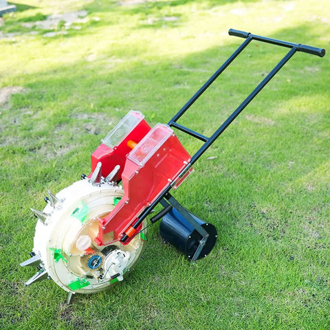 All In One Garden Seeder And Fertilizer Applicator Set, Portable Hand Push Planter With Dual Seed And Fertilizer Buckets on grass