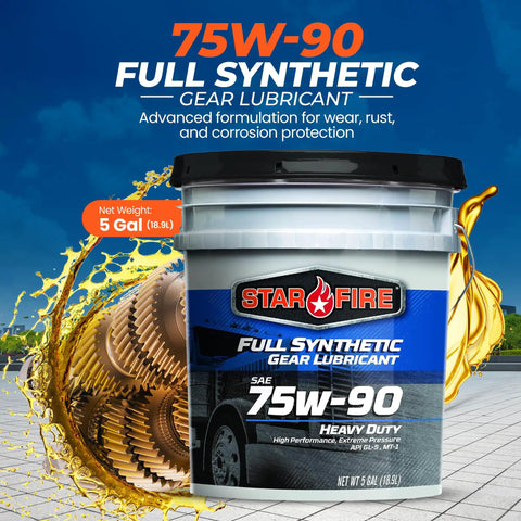 Heavy Duty Full Synthetic Gear Oil 75W-90 GL-5 Differential Fluid For Trucks And Semis 5 Gallon Pail with gear images
