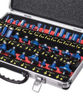 Thirty Five Piece 1/4 Inch Carbide Router Bit Set With Rugged Carry Case packed with sharp cutting tools for woodworking.