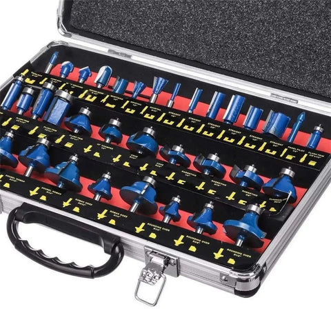 Thirty Five Piece 1/4 Inch Carbide Router Bit Set With Rugged Carry Case packed with sharp cutting tools for woodworking.