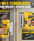 Heavy Duty Pro Grade Cordless 2 Inch Brad Nailer, Hella Sturdy 2 In 1 Electric Nail And Staple Gun, 18 Gauge Battery Powered Woodworking Tool That Flies Smooth, showcasing staple and brad nail options.