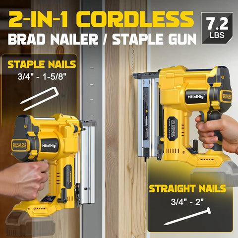 Heavy Duty Pro Grade Cordless 2 Inch Brad Nailer, Hella Sturdy 2 In 1 Electric Nail And Staple Gun, 18 Gauge Battery Powered Woodworking Tool That Flies Smooth, showcasing staple and brad nail options.