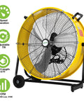 24 Inch High Velocity Industrial Drum Fan, 3 Speed Heavy Duty Metal Shop Fan, UL Listed, Yellow Finish, Side View with Features