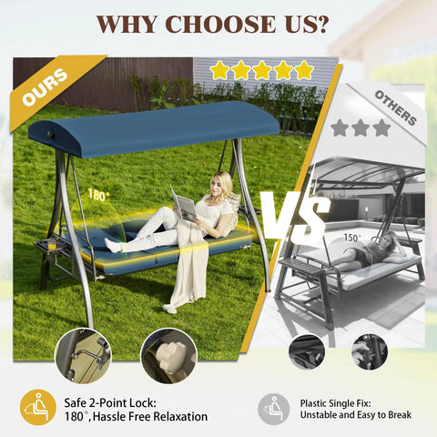 Comparison of upgraded 3 seat porch swing with canopy and stand, featuring 180 degree recline, blue square tube, woman relaxing