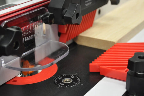 Close-up of Heavy Duty Killer Grip Woodworking Feather Board Jig For Table Saw Router Table And Band Saw with adjustable knobs and clamp.