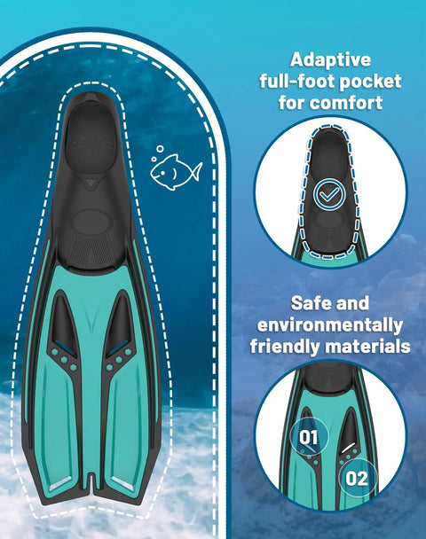 Pro-Grade Full-Foot Snorkel Fins With Soft Flexible Foot Pocket For All Day Comfort, detailed view showing black and teal color scheme.