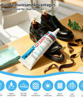 Heavy Duty Waterproof Shoe Glue For Sole Repair 60g Clear Adhesive For Sneakers Boots Leather Heels Sandals All Footwear With A Solid Bond To Fix Delaminated Soles Cracked Seams And Detached Heels next to polished black shoes.