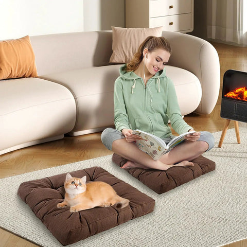 Meditation Floor Cushions Set Of 2 Comfy Thickened Memory Foam Pillows For Adults Large 22 By 22 Inch Square Seat Cushions For Tatami Living Room And Yoga With Back Support Pain Relief And Cozy Brown, brown square cushions on rug