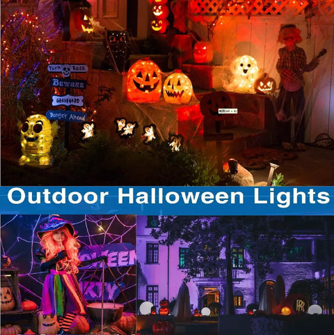 Outdoor Halloween lights with pumpkins, ghosts, and scarecrows in a garden setting, suitable for festive decor.