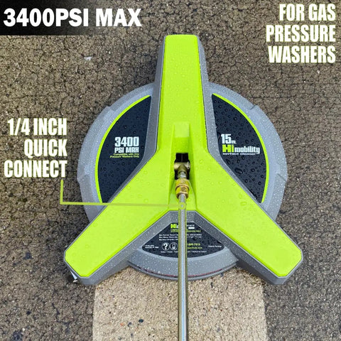 Top view of a 15 Inch Pressure Washer Surface Cleaner with Wheels 3400 Max PSI, featuring 1/4 inch quick connect and bright green accents.