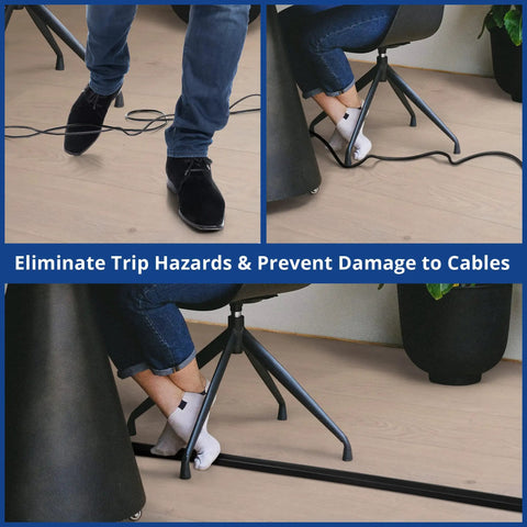 Low Profile Floor Cord Cover 4ft for Extension Cords and Cables keeps 1 to 2 wires hidden under desk, prevents trip hazards.
