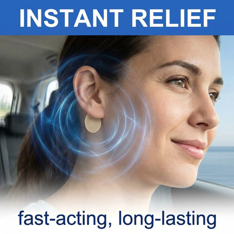 80 Count Motion Sickness Patches For Travel On The Go Non Drowsy Relief Lasts 72 Hours Breathable Non Woven Fabric With Fresh Mint Scent Safe For Adults And Kids 4 Plus For Cruise Car Airplane And Other Travel applied behind ear on woman in car