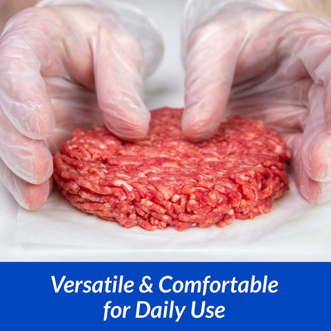 Hands wearing Latex Free Disposable Gloves Large 200 Pack Hybrid TPE Ambidextrous For Food Handling Clear Anti Slip Powder Free handling raw burger patty