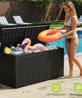 100 Gallon Outdoor Storage Box Waterproof Resin Deck Box by a pool with cushions and pool floats