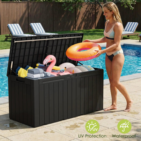 100 Gallon Outdoor Storage Box Waterproof Resin Deck Box by a pool with cushions and pool floats