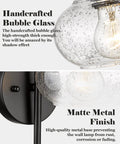 Close-up of Rustic Wall Sconces Set Of 2 With Hand Blown Bubble Glass Shades, showcasing matte black metal finish and detailed glass texture.