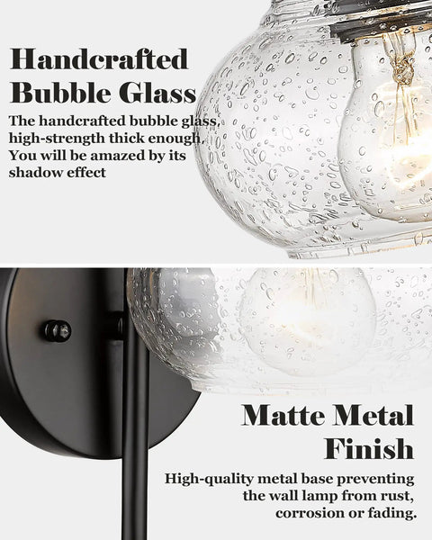 Close-up of Rustic Wall Sconces Set Of 2 With Hand Blown Bubble Glass Shades, showcasing matte black metal finish and detailed glass texture.