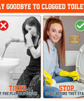 Image with 'Say Goodbye to Clogged Toilets' banner, showing woman plunging a toilet and another with 2 Pack Do Not Flush sign.