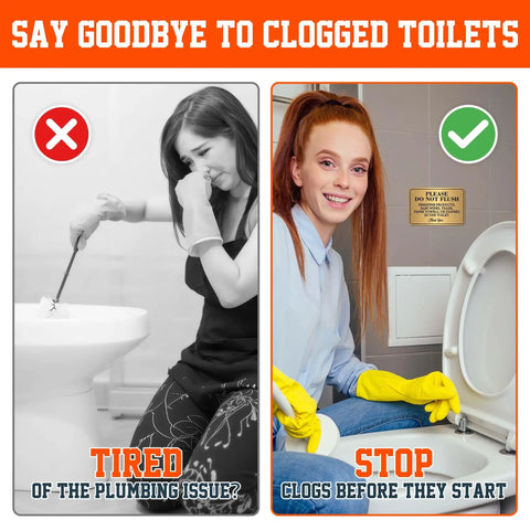Image with 'Say Goodbye to Clogged Toilets' banner, showing woman plunging a toilet and another with 2 Pack Do Not Flush sign.