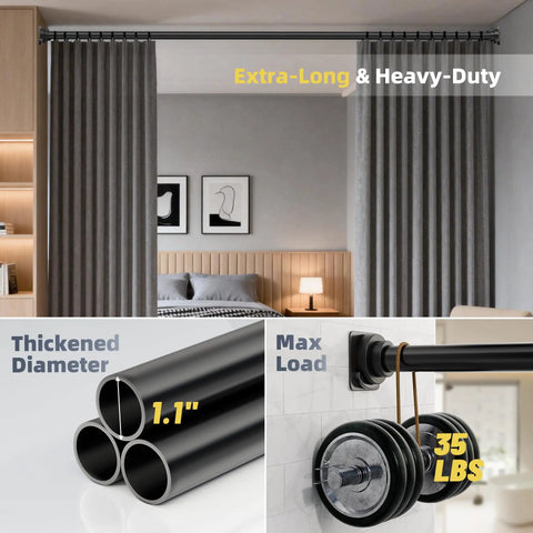 No Drill Tension Shower Curtain Rod 31 To 120 Inches, 1.1 Inch Diameter Rustproof Stainless Steel in matte black used as room divider.