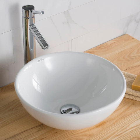 Elavo Round Vessel White Porcelain Ceramic Bathroom Sink 16 Inch on wooden counter