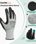 A3 Cut Resistant Work Gloves For Men And Women With Touchscreen Foam Nitrile Coating, close-up of glove details and features.