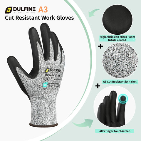 A3 Cut Resistant Work Gloves For Men And Women With Touchscreen Foam Nitrile Coating, close-up of glove details and features.