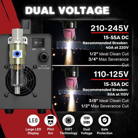 Dual Voltage Plasma Cutter 55A Portable With Non Touch Pilot Arc, LED Panel, dual voltage settings and cutting specs