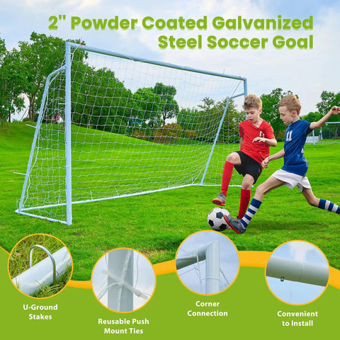 Heavy Duty Backyard Soccer Goals Kit 12x6, 8x6 And 6x4 Ft With 2 Inch Powder Coated Galvanized Steel Frame in use by kids