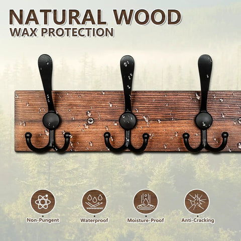 Rustic Wood Wall Mounted Coat Rack With Eight Black Tri Hook Rails, 31 Inch Long Entryway Organizer For Coats, Bags, Towels, Keys, Hats And Umbrellas, Heavy Duty Metal Construction With 25 Lbs Per Hook Capacity with waterproof wood finish display.