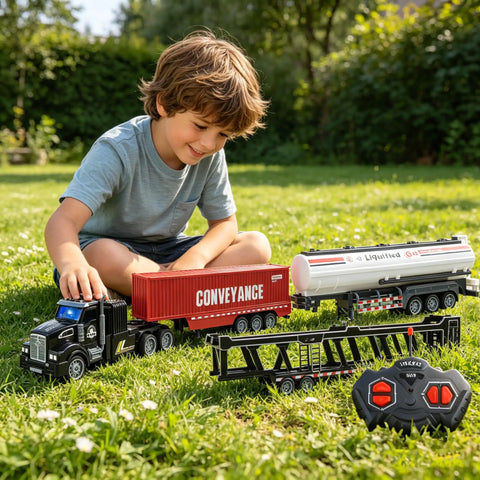 Child playing with 3 In 1 RC Truck Toy Set With Car Carrier Tanker And Container Trucks Sounds And Lights, remote on grass