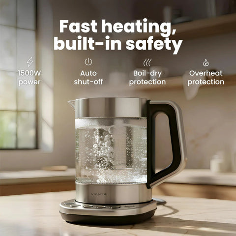 Electric Tea Kettle With Infuser For Loose Leaf Tea No Plastic Touching Water Temperature Control Automatic Shut Off 1.5L Borosilicate Glass Hot Tea Maker on kitchen counter