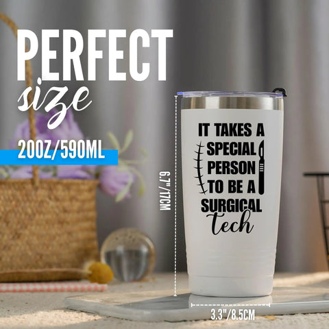 White 20 Oz Double Wall Travel Tumbler With Splash Safe Lid Straight Up Top Tier For Surgical Tech Teams on display.