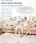 24 Inch Ceiling Fan With LED Lights And Smart App Remote Flush Mount Design Provides Legit Wide Airflow For Bedrooms And Living Rooms Straight Up Smooth Daily Cooling, ultra quiet design with family enjoying it.