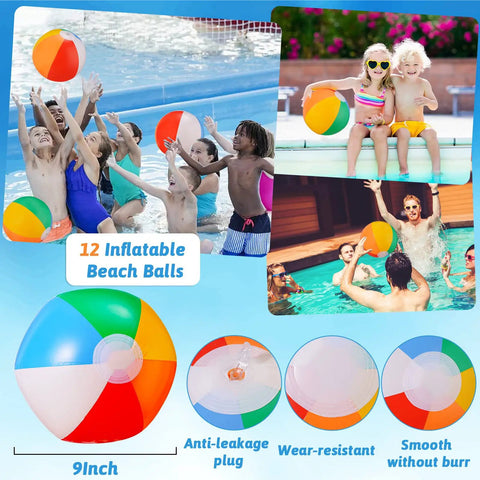 Beach Balls Bulk 12 Pack 9 Inch Inflatable Pool Toys For Kids Summer Water Games Hawaiian Tropical Theme Party Decorations And Favors Durable PVC Beach Ball Set For Poolside Fun.