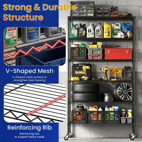 Commercial Wire Shelving Unit With Locking Casters And Adjustable Steel Shelves Heavy Duty Space Saving Storage Rack For Restaurant Garage Pantry And Kitchen Black Finish 45 By 18 By 82 Inches Beast, black 5-tier shelf with tools and tires
