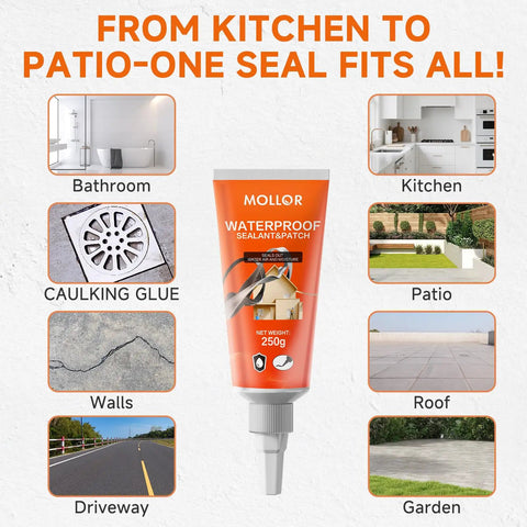 Waterproof sealant tube for various surfaces like bathroom, kitchen, patio, caulking glue, walls, roof, driveway, garden.