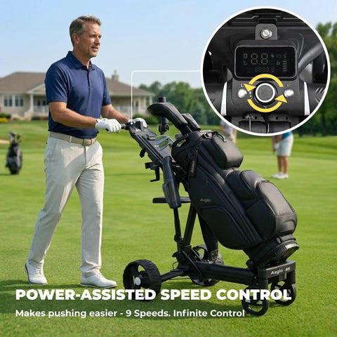 Badass Electric Golf Cart With Smart Follow Tech And Bluetooth Remote Control For Easy Fairway Gliding Compact Foldable Frame in use.