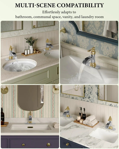 Collage showing Waterfall Bathroom Faucet for 1 or 3 Holes, Dope Gold and Chrome Finish in various vanity settings.