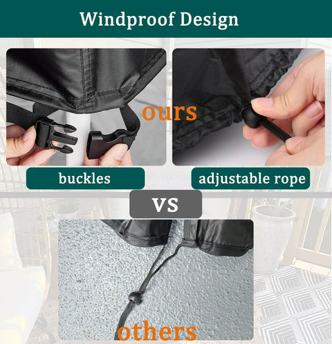 Comparison of windproof design with buckles and adjustable rope for Patio Egg Chair Cover Waterproof With Zipper And Bottom Buckle.
