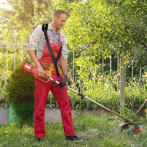 Man using Heavy Duty Trimmer Strap Harness For Weed Eater With Upgraded Elastic Part And Metal Clasp All Day Comfort