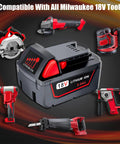 Heavy Duty 5000MAh Replacement Battery For Milwaukee M18 18V Cordless Power Tools Two Pack showing battery and compatible tools.