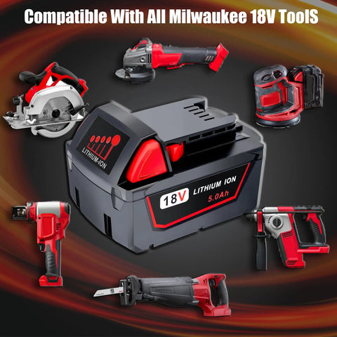 Heavy Duty 5000MAh Replacement Battery For Milwaukee M18 18V Cordless Power Tools Two Pack showing battery and compatible tools.