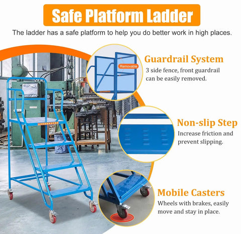 Rock Solid Rolling Warehouse Ladder With Spacious Work Platform And Slick Glide Casters Portable Industrial Step Stool For Adults with guardrails, non-slip steps, and mobile casters.