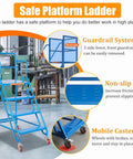 Heavy Duty Rolling Warehouse Ladder with Platform Rock Solid Industrial Step Stair Built Like a Tank Slick Locking Caster Wheels Detachable Safety Rails Dead Simple Access for Crew Job Spots with blue steel frame, detachable rails, and mobile casters.
