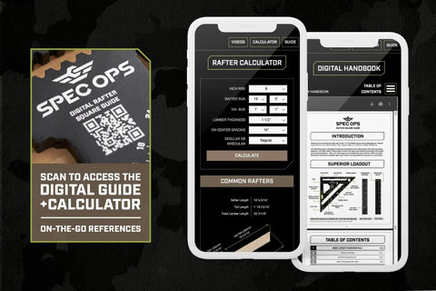 Digital Rafter Square guide and calculator screen, showcasing measurements for Solid As Nails Seven And A Half Inch Rafter Square With Crisp Laser Etched Measurements Wide Heel Surefire Level Vial And Kickass Layout Cheat Sheet For Day One Jobsites.