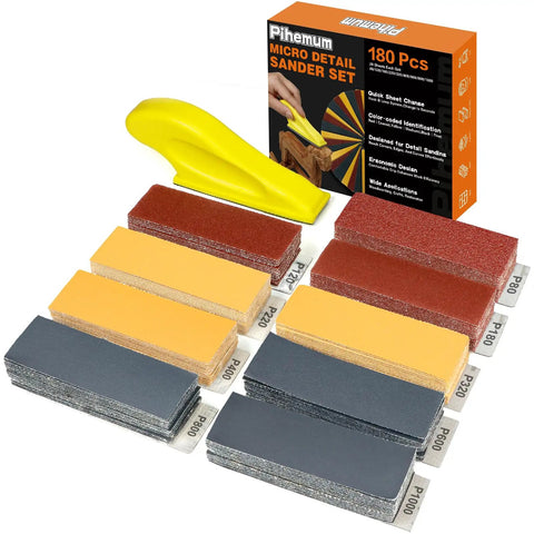 180 Pcs Mini Sanding Kit With Nine Grits From 80 To 1000 Sandpaper And Finger Sanding Blocks For Small Areas And Corners