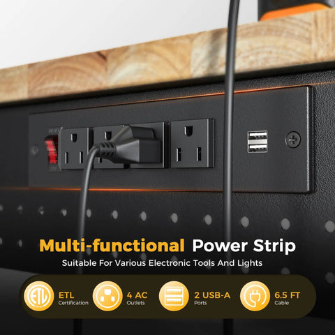 Close-up of power outlets on Rock Solid Heavy Duty Adjustable Workbench With 47.64 Inch Surface, pegboard background.
